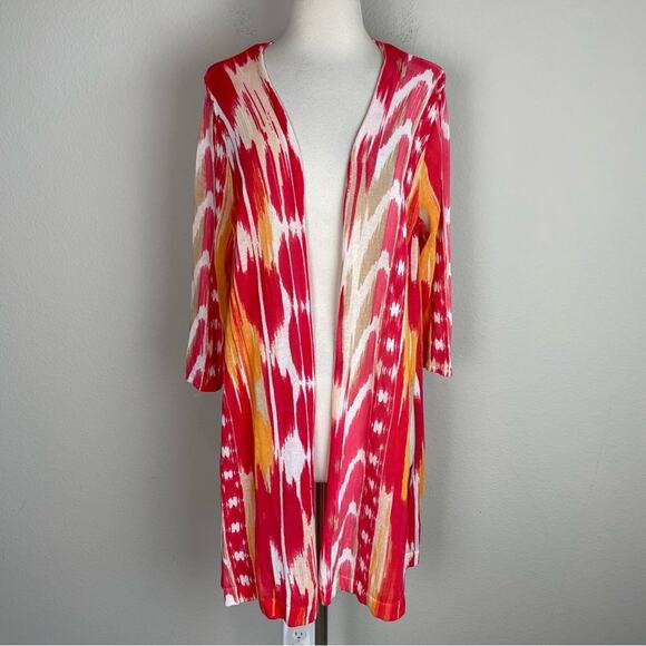 Chico's Red Orange White Light Weight  Long Sleeve Open Front Cardigan 2 - Picture 2 of 8